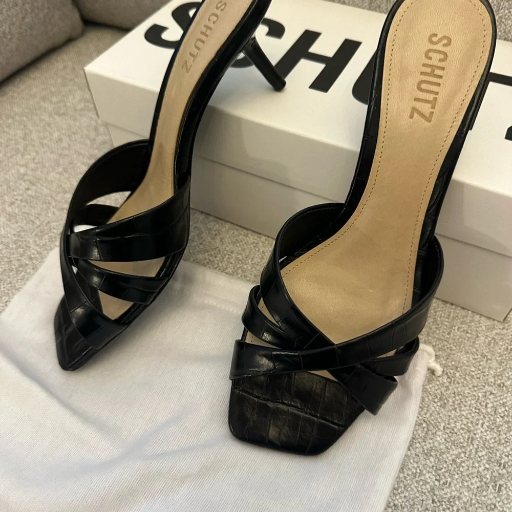 SCHUTZ Black Croc-Embossed Keefa Leather Mules New/ Box & Dustbag Size 8 60mm - Picture 7 of 11